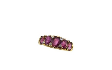 A ruby and diamond carved half hoop style ring