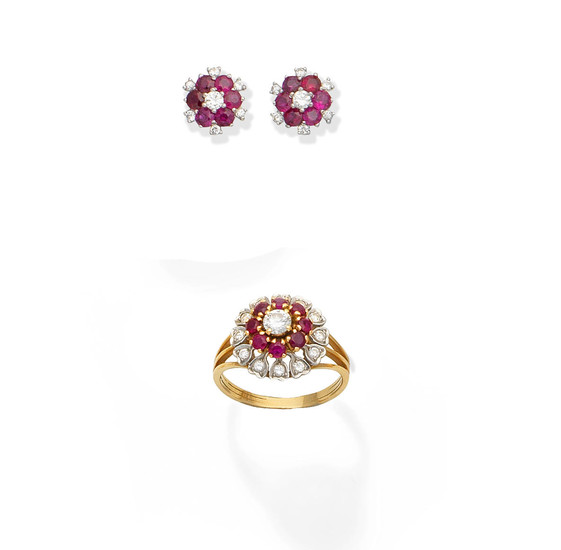 A ruby and diamond ring, and a pair of ruby and diamond earstuds
