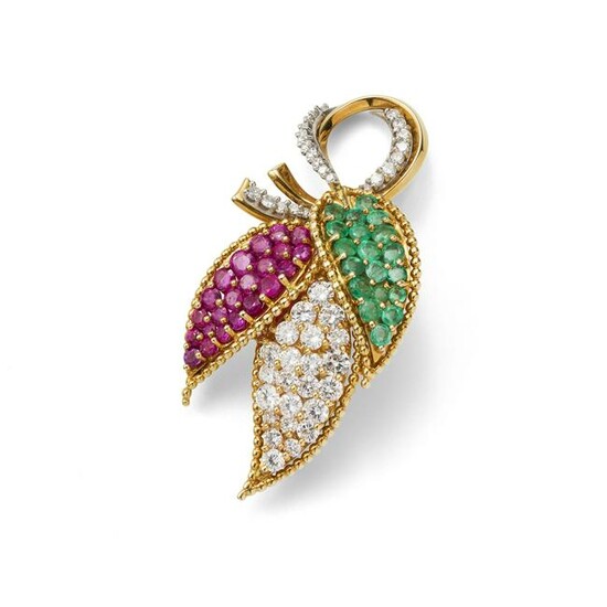 A ruby, emerald and diamond brooch, by Kutchinsky, 1961
