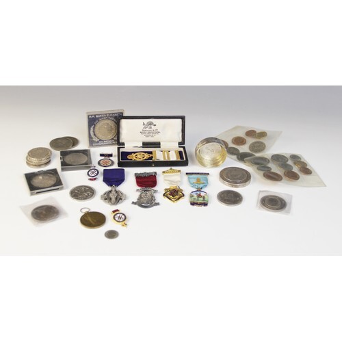 A selection of coins and medallions, to include a silver box...