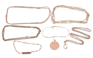 A small collection of chains and pendants; to include an Edwardian 15ct yellow gold round locket, Ch
