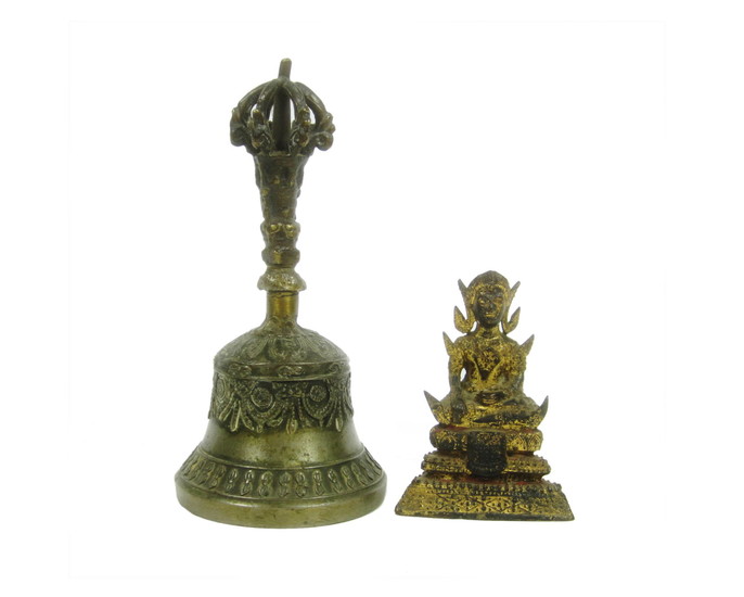 A small gilt bronze Thai Buddha and a Tibetan bronze bell