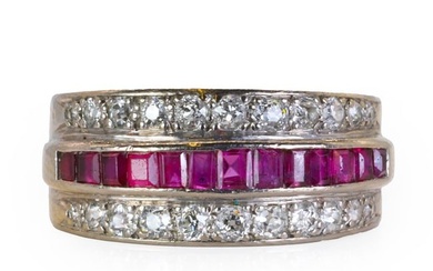 A white gold ruby and diamond three row dress ring