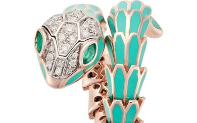 ALEXIS NY, A DIAMOND, EMERALD AND ENAMEL SNAKE RING comprising a row of articulated links decorated