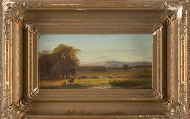 AMERICAN SCHOOL (19th Century,), Landscape with cows., Oil on board, 6" x 12". Framed 13" x 19".