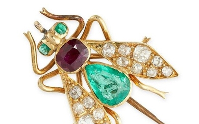 AN ANTIQUE EMERALD, RUBY AND DIAMOND FLY BROOCH, 19TH CENTURY in yellow gold, the body set with a