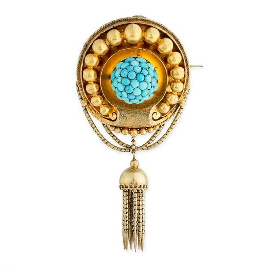 AN ANTIQUE TURQUOISE MOURNING LOCKET TASSEL BROOCH