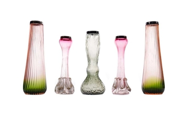 AN ART NOUVEAU IRIDESCENT GLASS VASE ALONG WITH TWO PAIRS OF SILVER MOUNTED VASES