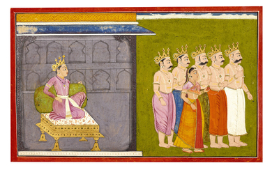 AN ILLUSTRATION FROM A MAHABHARATA SERIES: DRAUPADI AND THE FIVE PANDAVA BROTHERS INDIA, PUNJAB HILLS, BASOHLI, ATTRIBUTED TO MANAKU CIRCA 1740
