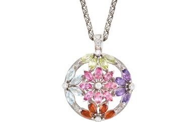 ASPREY, A MULTIGEM FLORAL PENDANT NECKLACE the circular pendant in floral design set with marquis...