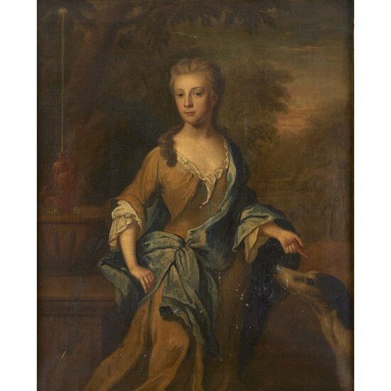 ATTRIBUTED TO JONATHAN RICHARDSON (BRITISH C. 1665-1745) PORTRAIT OF A LADY, THREE-QUARTER LENGTH, SAID TO BE ELIZABETH D'AVENANT, DAUGHTER OF THOMAS BOOTHBY, ESQR., WITH HER DOG