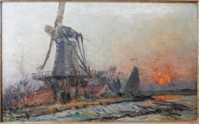 Albert LEBOURG (Montfort-sur-Risle, 1849 - Rouen, 1928)Un moulin à vent près de RotterdamHuile sur toile,...