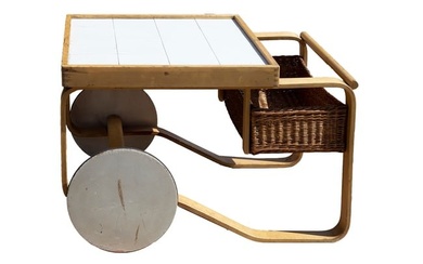 Alvar Aalto, Tea Cart, Bench birch plywood, tile, rattan