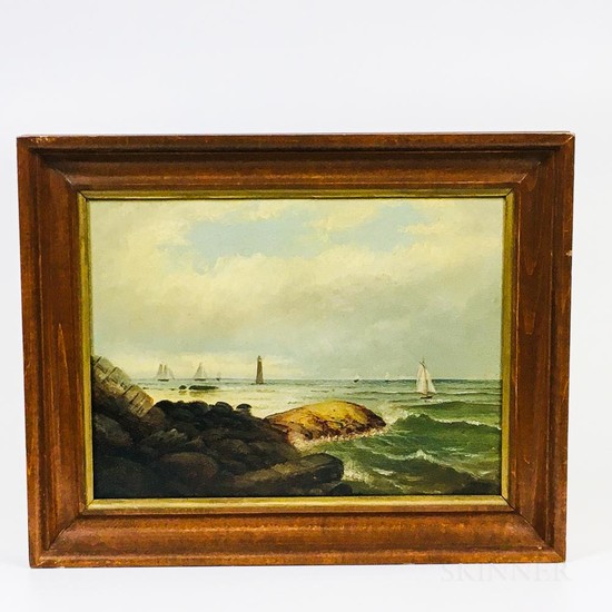 American School, 19th/20th Century Coastal Scene with a Lighthouse. Unsigned. Oil on board, 8 1/2 x 11 1/2 in., framed.