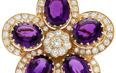 Amethyst, Diamond, Gold Pendant-Brooch Stones: Oval-shaped amethysts; full-cut diamonds...