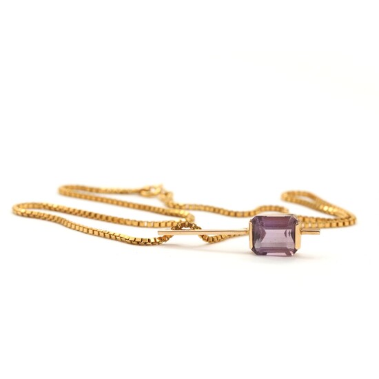 SOLD. Amethyst pendant set with faceted amethyst, mounted in 14k gold. A 14k gold necklace....