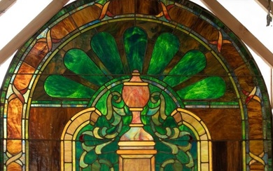 Ametrican Leaded Art Glass Window Arch Ca. 1900, "Urn And Peacock Feather", H 45" W 61"