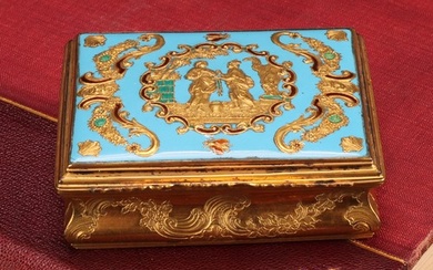 An 18th century gilt metal and enamel waisted rectangular ta...