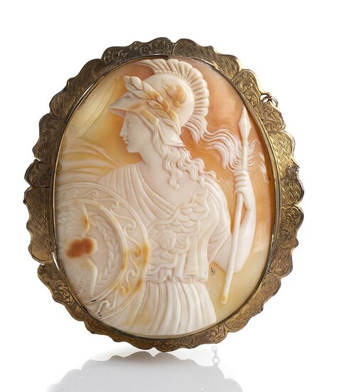 Ancient carved shell cameo depicting warrior with shield and...