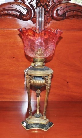 Antique French Empire gilt bronze oil lamp tri form marble b...