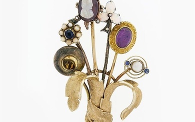 Antique Victorian Custom 6 Gold Silver Stick Pin Bundle Pearl & Gemstone Brooch