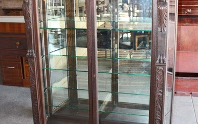 Antique lion carved oak 2 door china cabinet with glass shelves