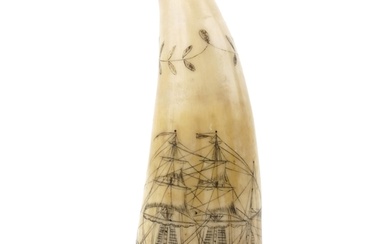 Antique sailor's scrimshaw whale's tooth engraved with whale...