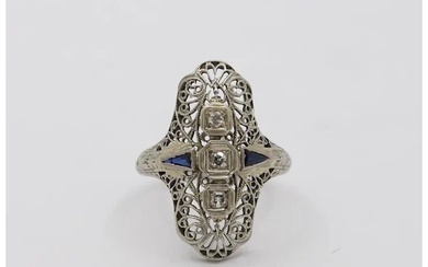 Art Deco 18K White Gold Diamonds Sapphires Ring