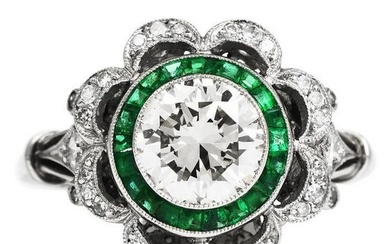 Art Deco Style Diamond Emerald Flower Floral Engagement Ring