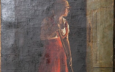 Artiste inconnu (probablement 19e siècle), Une servante en train de balayer, huile/noir et blanc, signature...