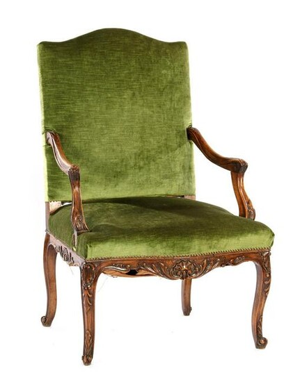 Beautifully decorated walnut armchair with green lost