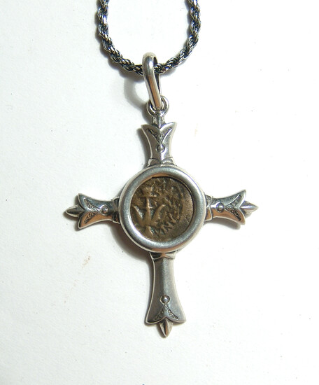 Biblical Widow's Mite set into silver cross pendant