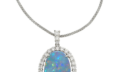 Black Opal, Diamond, Platinum Pendant-Necklace Stones: Black opal cabochon...