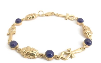 Blue Lapis Lazuli Cabochon Ankh Chain Link Bracelet 18K Yellow Gold, 10.6 Grams