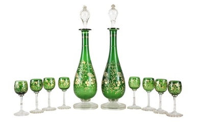 Bohemian Green Art Glass Decanter Cordial Glasses