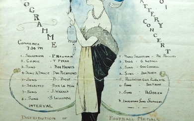 British School, early/mid 20th century- Programme of Battery Concert; pen and black ink and watercolour heightened with white on paper, signed with monogram 'J.S' (lower centre), 30.3 x 23.8 cm.