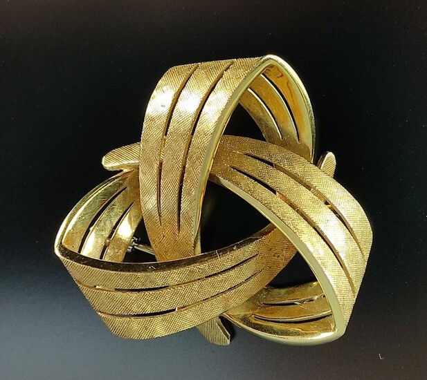 Brooch, vintage, frosted bows, circa 1970, 750/18K yellow gold, 10.1g, measures approx. 3.7x3.7cm