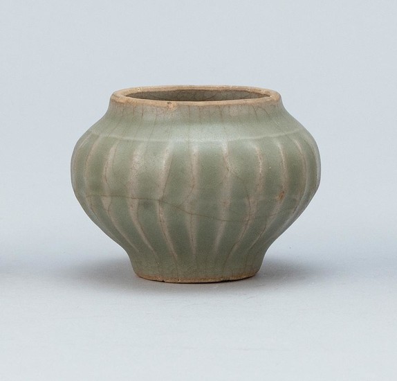 CHINESE LONGQUAN CELADON PORCELAIN JARLET Ovoid, with ribbed decoration. Height 2.5". Diameter 2".