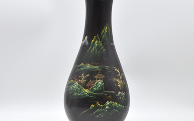 CHINESE VASE, CHINOISERIE STYLE LANDSCAPE, WOOD, LACQUER PAINTING, AROUND 1970, CHINA.