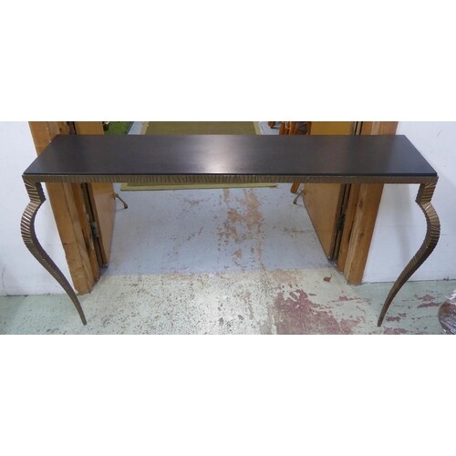 CONSOLE TABLE, contemporary worked metal, ebonised wood top,...