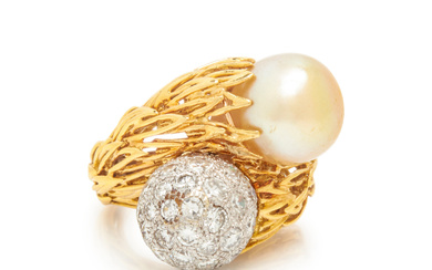 CULTURED PEARL AND DIAMOND BYPASS RING