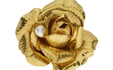 Cartier, a 1960s 18ct gold diamond and pearl rose brooch