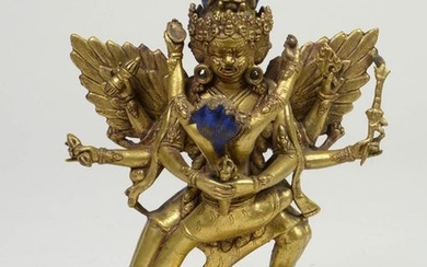 "Chakrasamvara" deity in gilt bronze and polychrome. Sino-Tibetan...