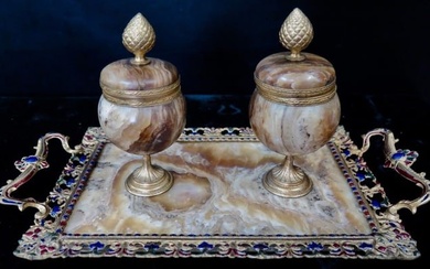 Champleve Marble & Bronze Double Inkwell