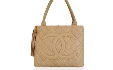 Chanel Beige Quilted Leather CC Logo Tote Shoulder Bag