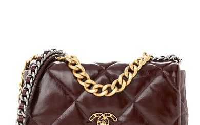 Chanel Shiny Crumpled Calfskin Quilted Large Chanel 19 Flap Burgundy
