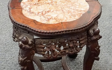 Chinese Carved Hongmu and Marble Inset Low Tabourette
