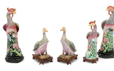 Chinese Famille Rose Export Porcelain Ducks And Phoenix Birds H 12" W 3.75" 5 pcs