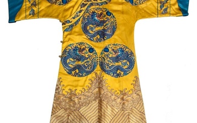 Chinese Hand-Embroidered Yellow Silk Dragon Robe