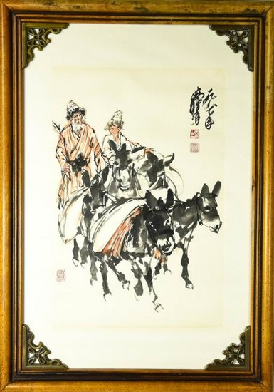 Chinese Painting of Boy Man & Donkeys Signed